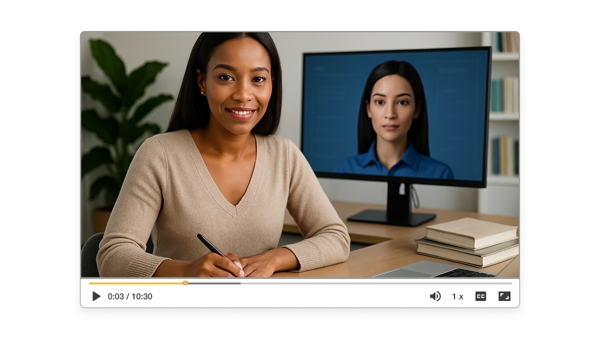 Educator using AI avatar for education to teach students in a virtual classroom